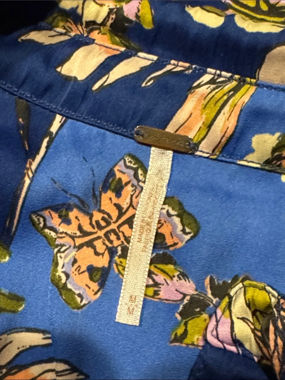 Free People Navy Blue Botanical Satin Button-Down Blouse